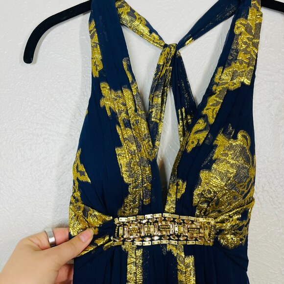 Xscape Silk Navy Blue and Gold Metallic Maxi Evening Gown - Picture 4 of 12